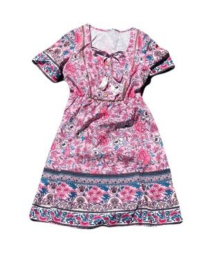 Pink Floral Midi Dress with Tassel Tie